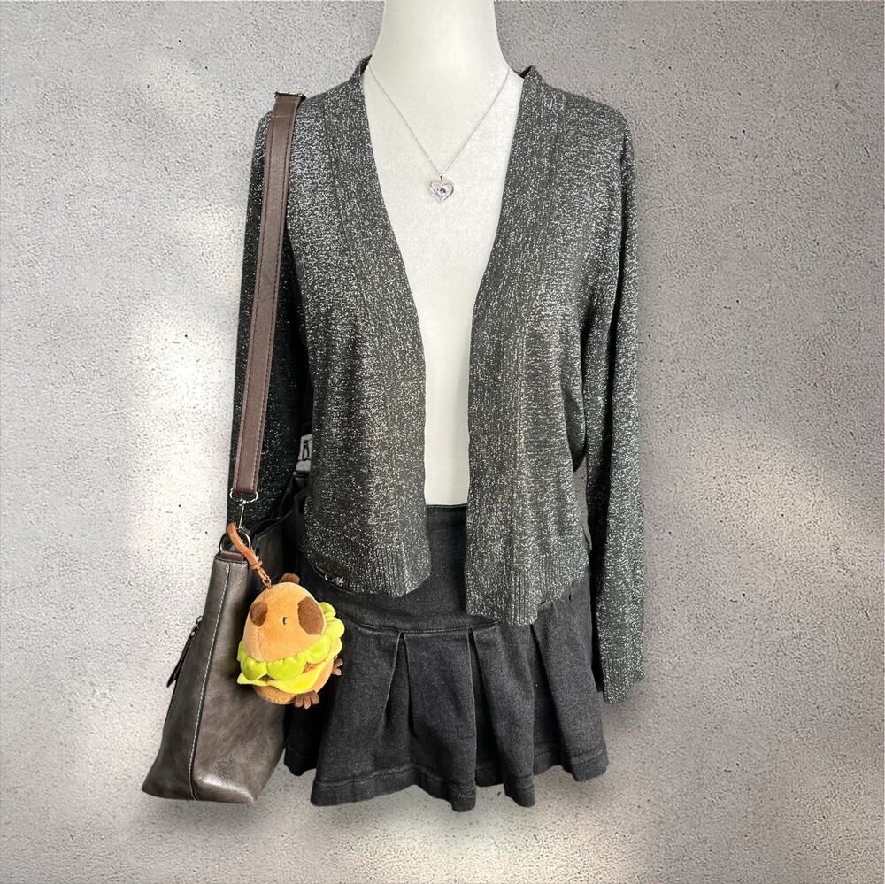 Grace Elements Glitterati Metallic Cardigan Women’s XL Black Silver Party Y2K